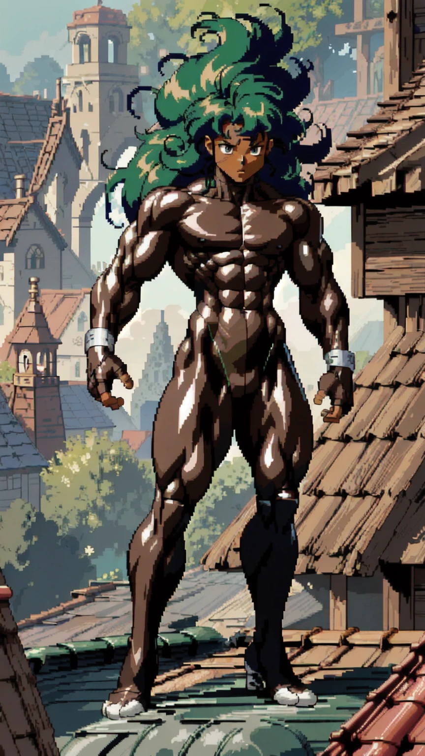 (athletic muscular body), {{{(((african american)))}}}, {{{((( (glossy) (smooth) ((dark brown skin)) )))}}}, (((pro wrestler))), (((kunoichi))), {{{(((24-year-old)))}}}, {{{(((young woman)))}}}, (((tomboy))), (((stoic))), (((bored))), (((emotionless))), (((wolflike))), ( (messy) (curly) (((long))) (dark mint green hair) ), (big intense (silver eyes) ), (small breasts), toned abs, {{{(((strong leg muscles)))}}}, toned biceps, toned forearms, toned deltoids, toned triceps, toned erector spinae, toned rhomboids, toned hamstring muscles, firm muscular glutes ,{{{(((strong back muscles)))}}}, (((thick muscular trapezius))), (((big muscular latissimus))), toned quadriceps, toned gastrocnemius, toned soleus, amazing ass, (((character wearing a (skintight long sleeve (brown with some gray) ( fur pelt bodysuit) ) ))), (((knee pads))), (((fingerless gloves))), (((combat boots))), {{{(((lush fantasy ancient forest (village) )))}}}, {{{(((standing on the roof of a house )))}}}, {{{(((great anatomy)))}}}, {{{(((high muscle mass)))}}}, {{{(((well-trained muscles)))}}}, {{{(((well-toned muscles)))}}}, {{{(((best quality)))}}}, {{{(((masterpiece)))}}}, {{{(((wide shot)))}}}, {{{(((90s anime)))}}}, {{{(((pixel art)))}}}