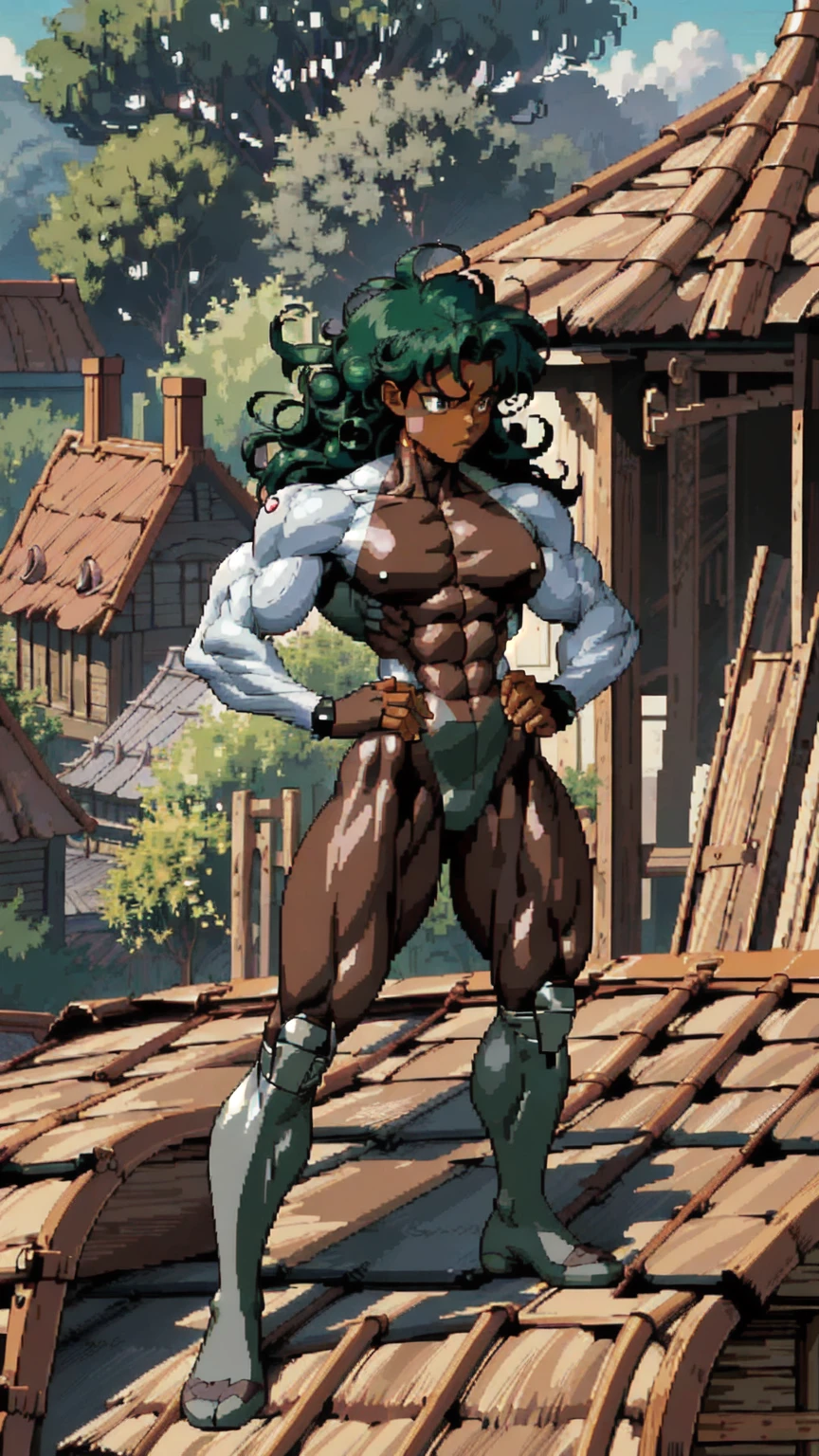 (athletic muscular body), {{{(((african american)))}}}, {{{((( (glossy) (smooth) ((dark brown skin)) )))}}}, (((pro wrestler))), (((kunoichi))), {{{(((24-year-old)))}}}, {{{(((young woman)))}}}, (((tomboy))), (((stoic))), (((bored))), (((emotionless))), (((wolflike))), ( (messy) (curly) (((long))) (dark mint green hair) ), (big intense (silver eyes) ), (small breasts), toned abs, {{{(((strong leg muscles)))}}}, toned biceps, toned forearms, toned deltoids, toned triceps, toned erector spinae, toned rhomboids, toned hamstring muscles, firm muscular glutes ,{{{(((strong back muscles)))}}}, (((thick muscular trapezius))), (((big muscular latissimus))), toned quadriceps, toned gastrocnemius, toned soleus, amazing ass, (((character wearing a (skintight long sleeve (brown with some gray) ( fur pelt bodysuit) ) ))), (((knee pads))), (((fingerless gloves))), (((combat boots))), {{{(((lush fantasy ancient forest (village) )))}}}, {{{(((standing on the roof of a house )))}}}, {{{(((great anatomy)))}}}, {{{(((high muscle mass)))}}}, {{{(((well-trained muscles)))}}}, {{{(((well-toned muscles)))}}}, {{{(((best quality)))}}}, {{{(((masterpiece)))}}}, {{{(((wide shot)))}}}, {{{(((90s anime)))}}}, {{{(((pixel art)))}}}