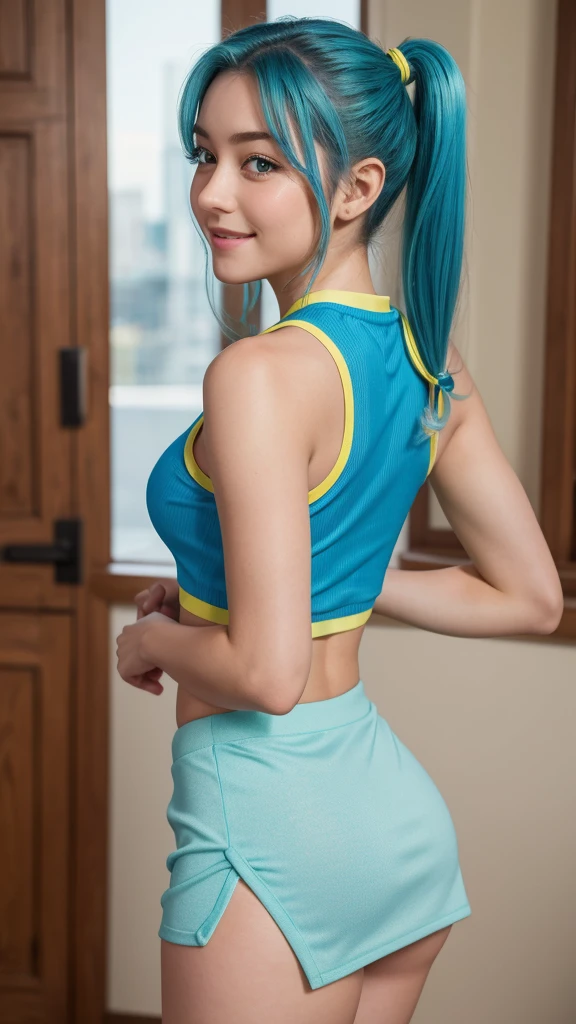 Masterpiece full HD 8k raw photo perfect body perfect face 1 cute girl of 18 years old girl with two pigtails blue hair green eyes perfect body slim thighs small breasts small butt dressed in a blue blouse with a short cool trainer vest bright blue with yellow stripes And wearing a short cool coach skirt in bright blue with yellow stripes with blue tights while she is doing a sexy pose with her butt up while making a pleased and blushing face looking at the viewer making the viewer fall in love with the view focused on her perfect face side side view