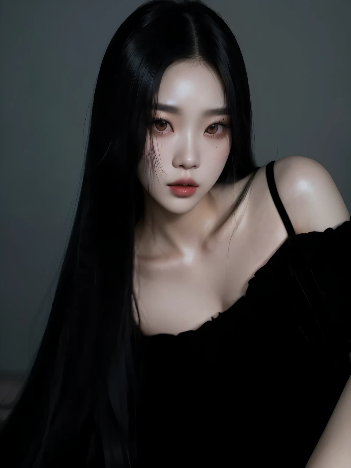 a close up of a woman with long black hair posing for a picture, cruel korean goth girl, ulzzang, korean girl, heonhwa choe, iu lee ji-eun as a super villain, beautiful south korean woman, portrait of jossi of blackpink, korean woman, jisoo from blackpink, gongbi, jaeyeon nam, with long hair