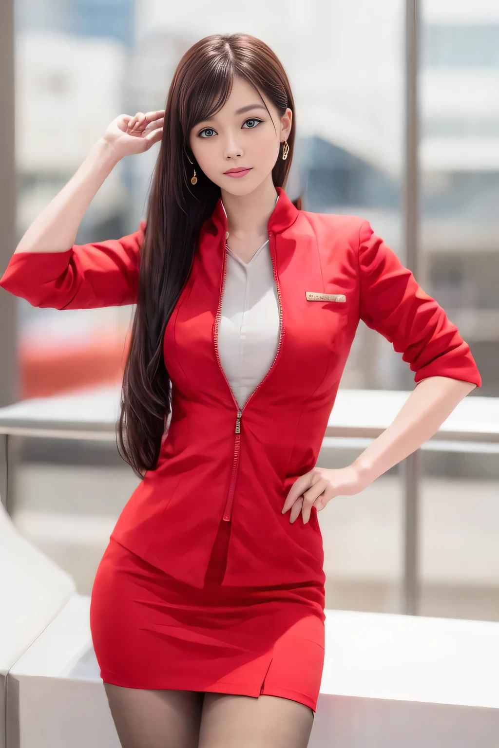 (masterpiece:1.2, Highest quality:1.2), 32k HDR, High resolution, (alone, 1 Girl), (AirAsia stewardess uniform realistic style), A proper woman, Beautiful Face, Brown Hair, (Long hair down to the legs), (Red jacket:1.1, Unzipped jacket, Unbuttoned white shirt:1.05, Red mini skirt:1.1, pantyhose),(Showing big through cleavage in unbuttoned white shirt)、(long hair that reaches down to the legs)、Perfect slim body:1.1, Huge breasts, huge breasts cleavage, Detailed skin texture, Beautiful Eyes, (Attractive look:1.2), necklace、Earrings、(forward leaning posture:1.5), On the roof of a building, Rooftop at daytime,blue eyes、Hands should be lowered