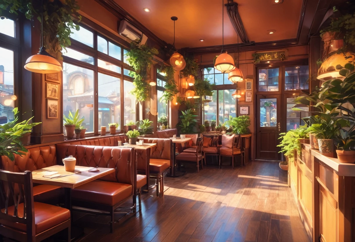 Anime Style, The interior of the coffee shop is painted with exquisite detail and vibrant colors.. Delicate steam rises from a hot coffee cup on a table, The seats have soft cushions, Lots of potted plants, Create a cozy and inviting atmosphere. Soft lighting casts a warm, beautiful glow over the dreamy scene, It's evening, An ideal place to relax and escape from reality. (Prompts B and C) Anime Style coffee shop interior, Steaming hot coffee on the table, Creating a cozy space, Beautiful and dreamy atmosphere. (High resolution, 8K) Highly detailed anime illustration of a coffee shop interior, Display a hot cup of coffee on a table, Create a warm and cozy atmosphere