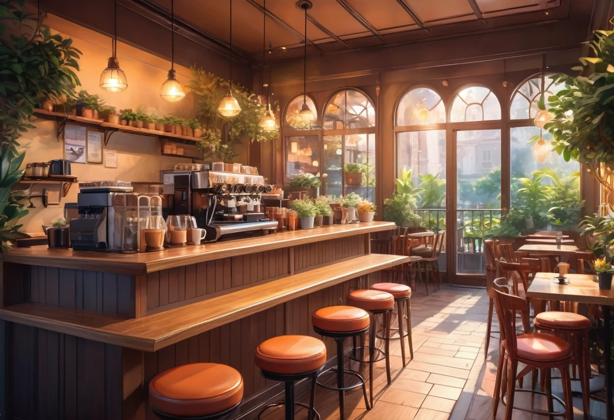 Anime Style, The interior of the coffee shop is painted with exquisite detail and vibrant colors.. Delicate steam rises from a hot coffee cup on a table, The seats have soft cushions, Lots of potted plants, Create a cozy and inviting atmosphere. Soft lighting casts a warm, beautiful glow over the dreamy scene, It&#39;s evening, An ideal place to relax and escape from reality. (Prompts B and C) Anime Style coffee shop interior, Steaming hot coffee on the table, Creating a cozy space, Beautiful and dreamy atmosphere. (High resolution, 8K) Highly detailed anime illustration of a coffee shop interior, Display a hot cup of coffee on a table, Create a warm and cozy atmosphere