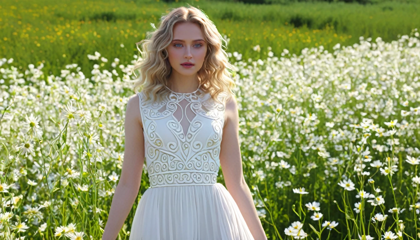 a young attractive white woman as the definition of attachment and love goddess, detailed face, beautiful eyes, long eyelashes, small nose, full lips, wavy blonde hair, white extraterrestrial dress, standing in a field of flowers, (best quality,4k,8k,highres,masterpiece:1.2),ultra-detailed,(realistic,photorealistic,photo-realistic:1.37),detailed floral background, natural lighting, vivid colors, elegant, serene, peaceful, 16.9 aspect ratio
