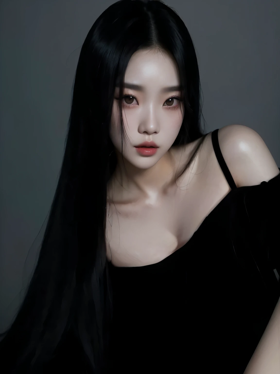 a close up of a woman with long black hair posing for a picture, cruel korean goth girl, ulzzang, korean girl, heonhwa choe, iu lee ji-eun as a super villain, beautiful south korean woman, portrait of jossi of blackpink, korean woman, jisoo from blackpink, gongbi, jaeyeon nam, with long hair
