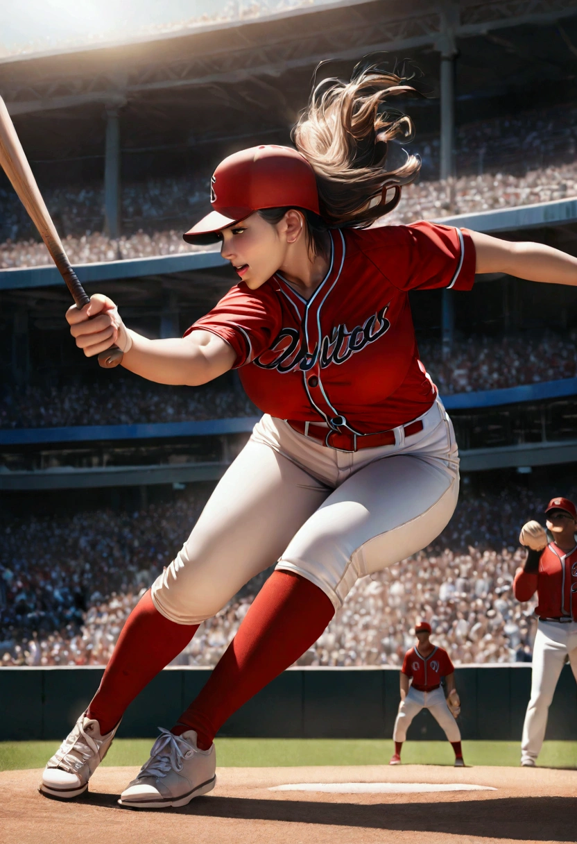 busty baseball player in baseball uniforms, big breasts, ultra-realistic, photorealistic, highly detailed, 8k, best quality, masterpiece, realistic skin texture, extreme detail, muscular female athlete, dynamic pose, action, baseball uniform, baseball diamond background, dramatic lighting, vibrant colors, cinematic composition