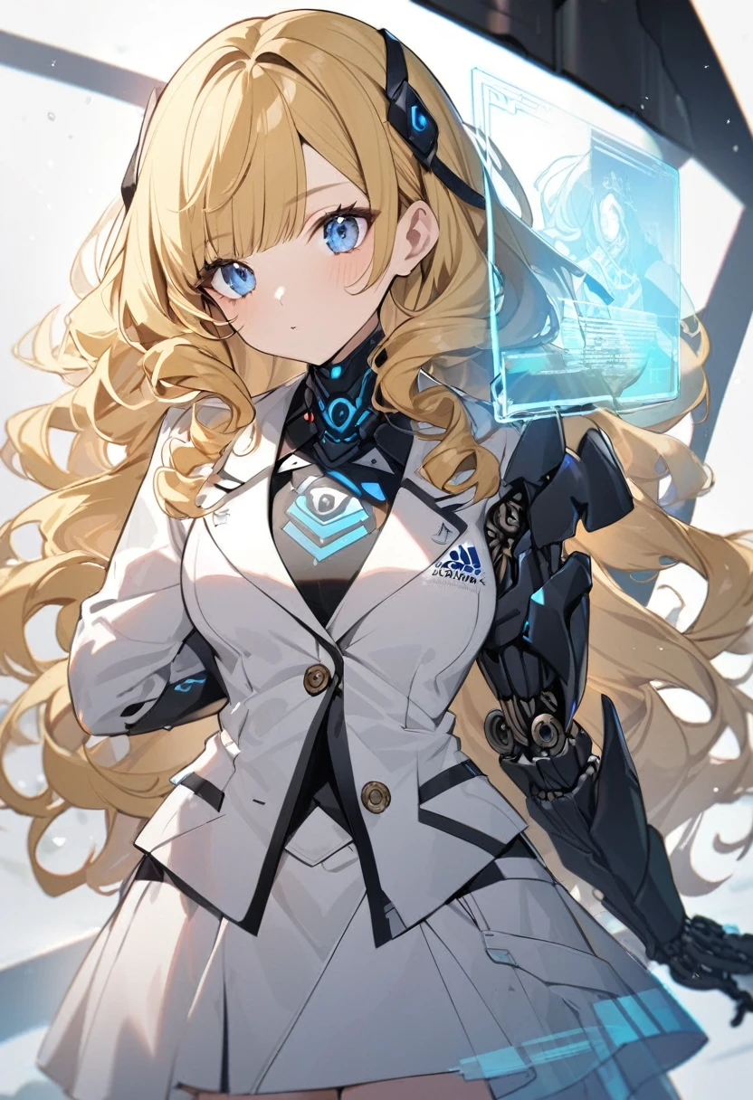 1woman,long curly yellow blonde split bang hairstyle,curly hair bangs,blue eyes,,white blazer with logo,white skirt, rich girl,wearing a black exo skeleton armour, hologram,calm expression,