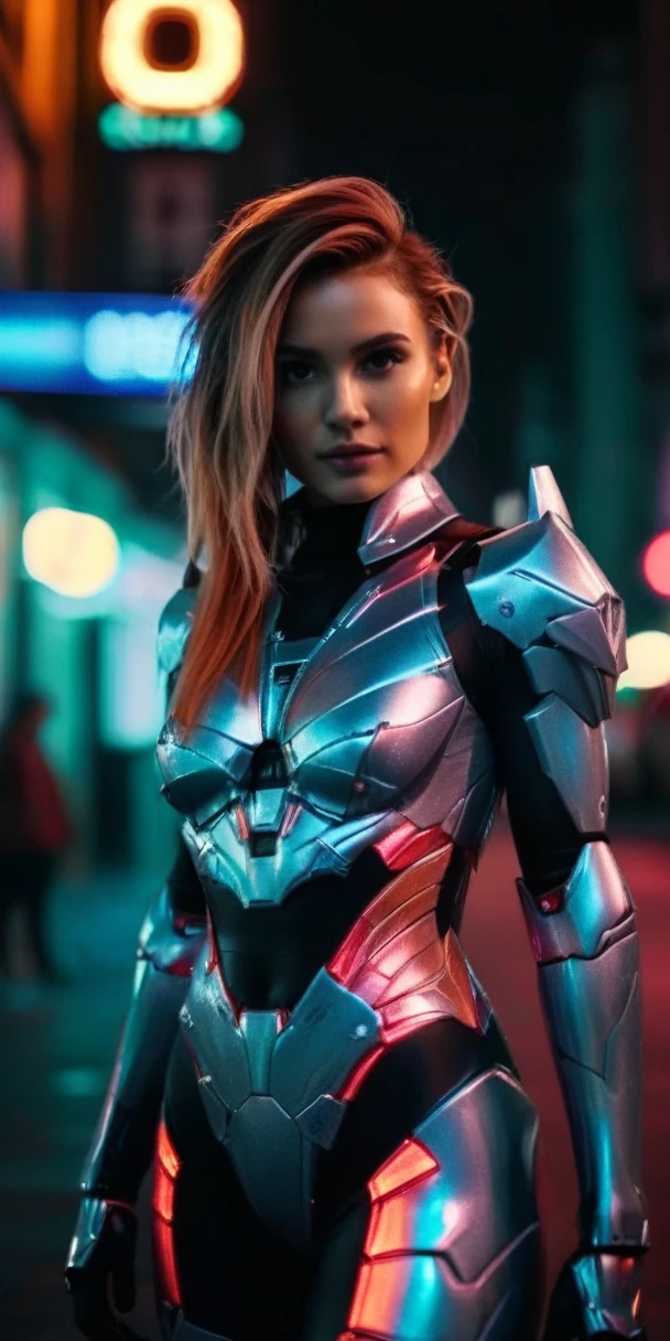 ((full body))(realistic analog style sharp focus 8k raw photo with soft lighting and high quality:1.1),
(hdr film grain:1.2),movie poster,
a cute woman wearing a shiny (textured:1.2) (intricate:1.2) cyborgcosplay in a dark street at night, (cinematic hairstyle:1.2)