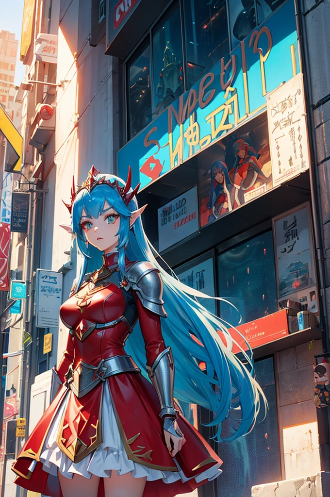 full body image, stand, Giant Princess Zelda, (Red with silver dress:1.5), as ultraman, 1 Very big breasts, Very tight outfit, Heavy makeup on her face, Light blue gem on the breastplate, Helmet on the head, Red lipstick on her lips, (she has green eyes:1.5, blue hair:1.5), Looking at the audience from the front, She is in a futuristic city where many monsters are attacking various buildings., Tokusatsu, ultraman, anime style, movie light, 16K, UHD, Masterpiece, best quality, Highly detailed