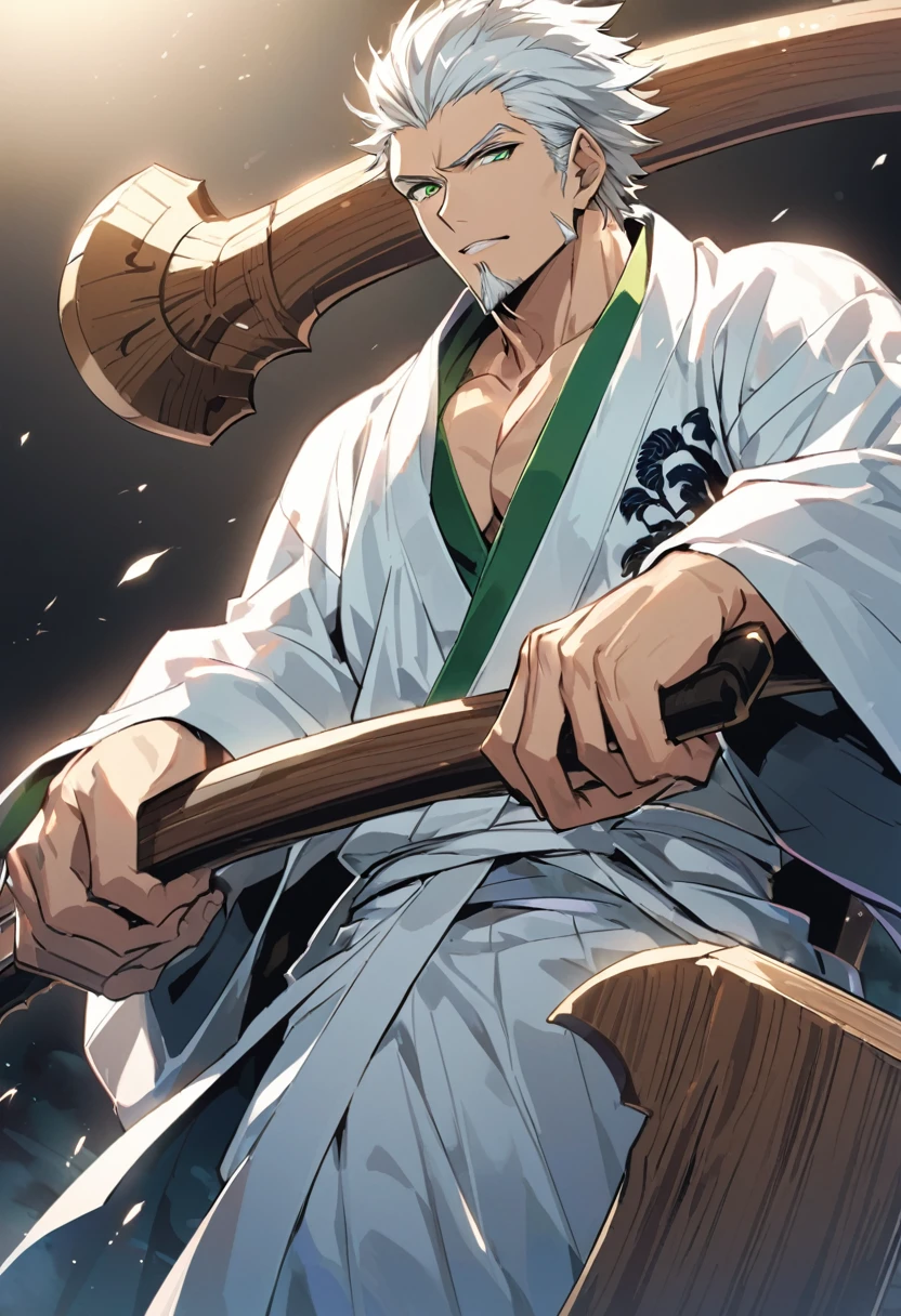 1 young boy, male focus, details Intricate, 1 men, bonitas, White hair, vibrant green eyes, slim muscles, アニメ, 19yearsold, 19 years, a small goatee, kimono de Shinigami, Shinigami, bleach style, bleach, regatta, kimono, bleach, bleach style, ax( um ax gigante e poderoso, the user held it with both hands)