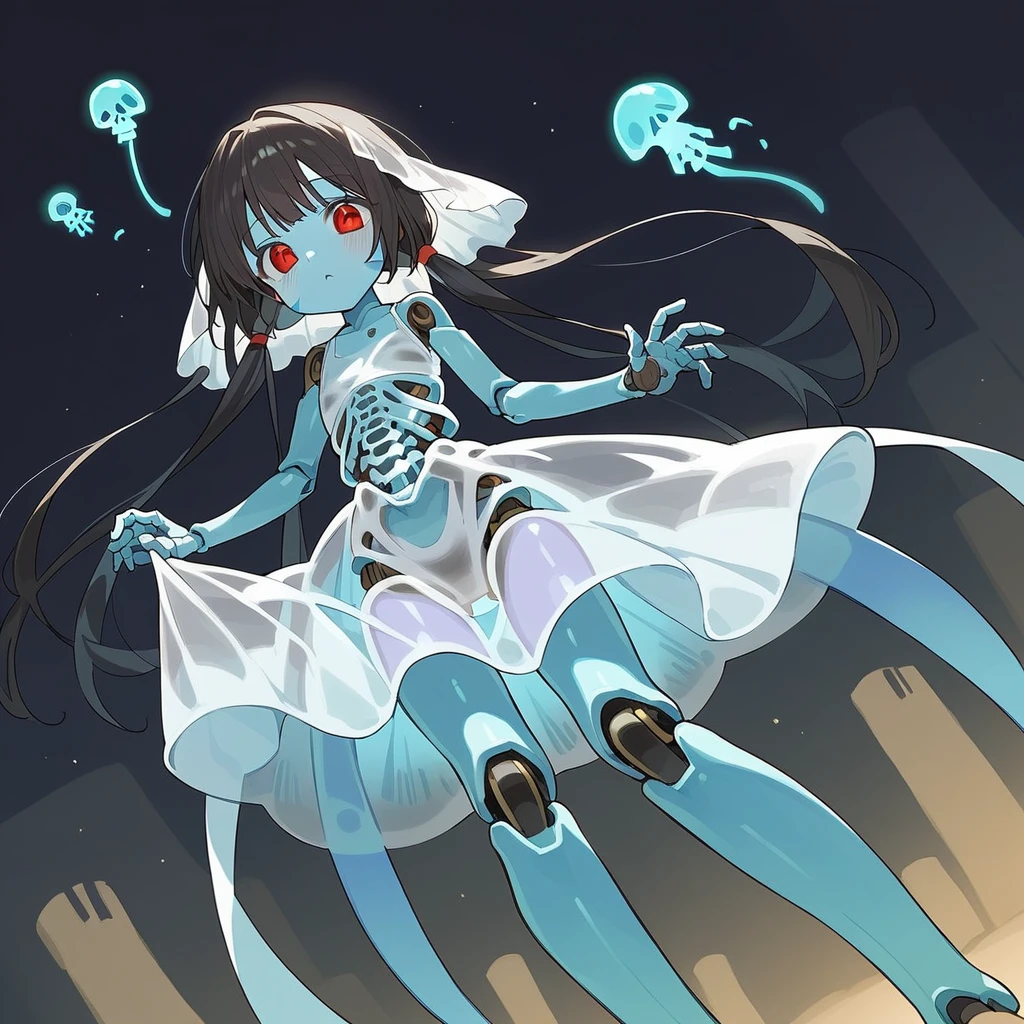 core_9_up, score_8_up, score_7_up, score_6_up, source_anime, 2D、1girl, black hair, red eyes, skeleton body, Translucent dress、骨が見えてる、森、体に苔が生える、 blue jellyfish, robot joints