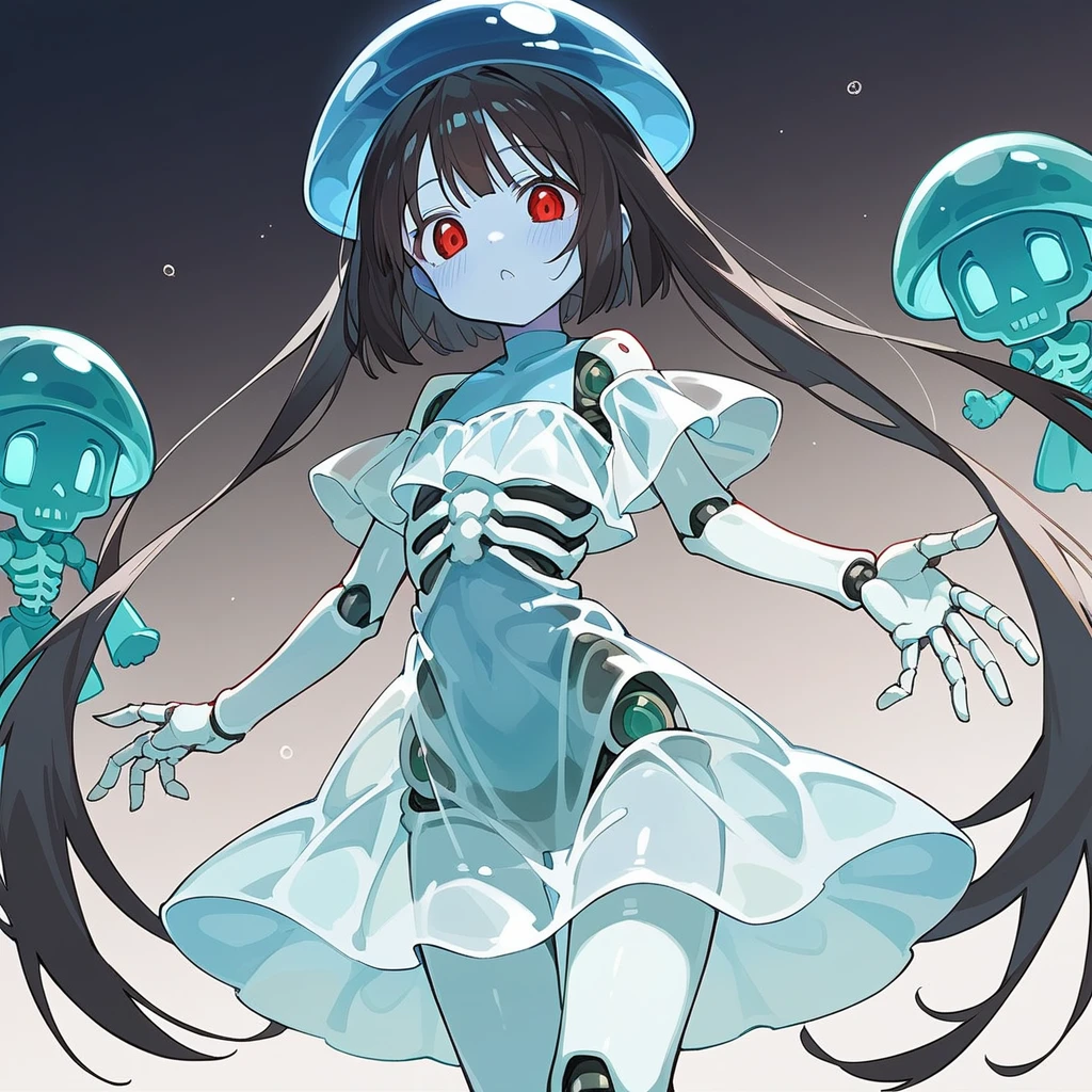 core_9_up, score_8_up, score_7_up, score_6_up, source_anime, 2D、1girl, black hair, red eyes, skeleton body, Translucent dress、骨が見えてる、森、体に苔が生える、 blue jellyfish, robot joints