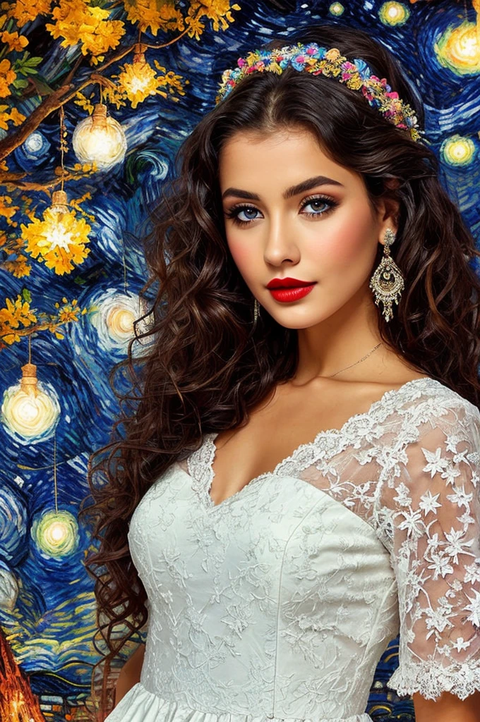 ( yellow dress with puff sleeves square neckline with lace details) (flower tiara for light brown curly hair) (big lips red lipstick piercing blue eyes) (basket of colorful flowers) (in the starry night background ) (gypsy camp) (She is wearing a dress with gypsy decorations and ruffled lace.) (bonfire lights up the atmosphere)