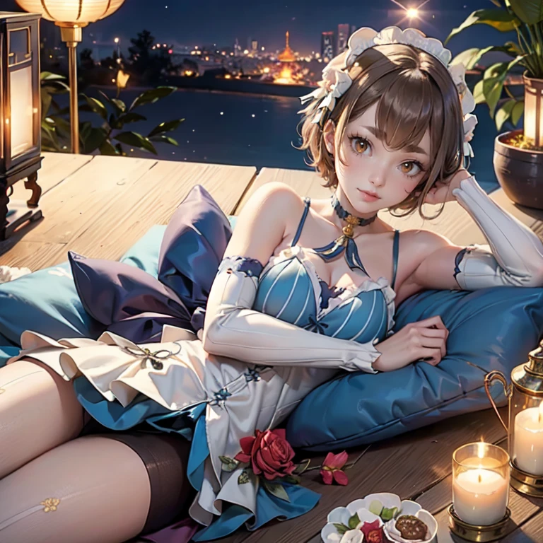 1girl, white roses, ornament hair, roses on her hair, maid, maid dress, maid headdress, maid apron, light brown hair, short hair, laying down on the bed, bedroom scene, Chinese maid dress, gold lantern, blue dress, more details on her clothes, golden details, night, smiling, coat, chinese style, solo, alone, crystal, curtains, full moon on the sky, laces, frills, sparkles, fireflies, laying down on the bed, chinese architecture on the background, white roses on the floor, bedroom scenery, solo, 1 girl