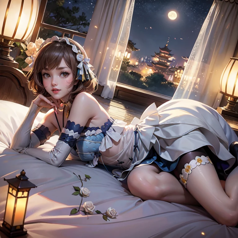 1girl, white roses, ornament hair, roses on her hair, maid, maid dress, maid headdress, maid apron, light brown hair, short hair, laying down on the bed, bedroom scene, Chinese maid dress, gold lantern, blue dress, more details on her clothes, golden details, night, smiling, coat, chinese style, solo, alone, crystal, curtains, full moon on the sky, laces, frills, sparkles, fireflies, laying down on the bed, chinese architecture on the background, white roses on the floor, bedroom scenery, solo, 1 girl