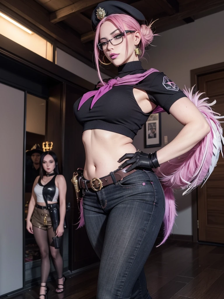 morrigan_Aensland, beautiful face, pink eyes, Loving eyes, Devil, together, strict face, evil smile,realisticlying，(Masterpiece, Best Quality:1.2), 1 girl, Alone, city background, Hoar \(fortnite\), Harpy Haze de fortnite, 1 girl, earrings, glasses, has, jewelry, lips, wide, looking at the viewer, make up, esmalte de nails, pink eyes, pink hair, nails rosas, SMILE, sunglasses, tinted glasses, belt, black pants, crop top, shadow, diaphragm, belly button, pants, choker, nails, round glasses, sharp nails, standing, black feathers, black hats, hoop earrings, sombreros con horns, horns, denim, winged arms, adorno de feathers, Star \(Symbol\), elbow gloves, dark pink lips, feathers, heels, shoes, angel Alas, bracelet, black Alas, crop top overhang, feathered Alas, harpy, low Alas, multicolor fur, multicolored Alas, pink Alas, Alas, Gloves without fingers, shirt, long nails, boater has, bootcut pants, leather pants, sleeves, black sleeves,                                            (masterpiece,highest quality,In 8K,Super detailed,High resolution,Realistic,absolutely:1.2),(A female officer of Team Rocket is walking.:1.5),(Always alone:1.5), (Wearing Team Rocket&#39;s uniform,A large red R is painted on the chest.:1.5),(cute type of woman:1.4),(Detailed facial depiction, How the bad guys laugh:1.4), (french twist hair, pale red hair:1.5),(Patent gloves hands:1.2),(wallpaper:1.5),(cowboy shot:1.5),(overlook:1.5), (20 year old Japanese woman,clothing that fits,Make your skirt very short, Black patent leather gloves, Black patent leather long boots:1.3), (secret society hideout), (camel toe:1.3), (flat chest, big butt, thick thighs:1.3), (A is being looked at from below.:1.4)



