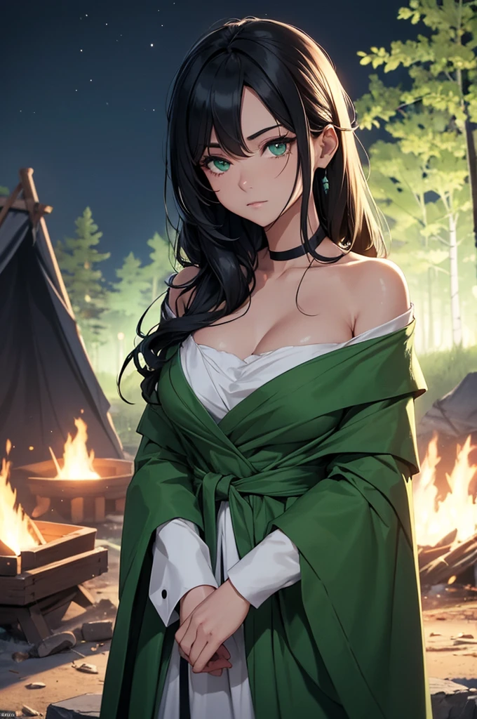 The sleeping robe is a soft green tone that highlights her deep, expressive eyes.. Your black hair, in gentle waves over your shoulders. Your carved face, with delicate features and a defined jawline, parece mais suave e sereno à luz da camp fire. Your green eyes, bright and expressive, reflect the heat of the flames and the depth of your emotions, night camp scene, camp fire