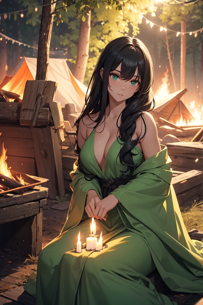 The sleeping robe is a soft green tone that highlights her deep, expressive eyes.. Your black hair, in gentle waves over your shoulders. Your carved face, with delicate features and a defined jawline, parece mais suave e sereno à luz da camp fire. Your green eyes, bright and expressive, reflect the heat of the flames and the depth of your emotions, night camp scene, camp fire