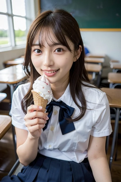 Tabletop, Highest quality, figure, Super detailed, In detail, High resolution, 8k wallpaper, Perfect dynamic composition, 1 beautiful girl, Beautiful attention to detail, (Look at the parfait), Girly blue blouse, Medium Hair, Normal chest, Natural color lip, Random Pause, smile, Open your mouth:1.2, Stylish cafe, 20-year-old girl, sit, One girl, alone, Open your mouth, eat, Holding food, Realistic,(licking ice cream, ice cream cone:1.35)、(Beautiful Japanese Girls:1.3)、(School uniform,bow:1.4)、(Panty shot,cameltoe)、(high school),(Dark blue skirt:1.3)、(sitting with spreading legs in the classroom:1.3)