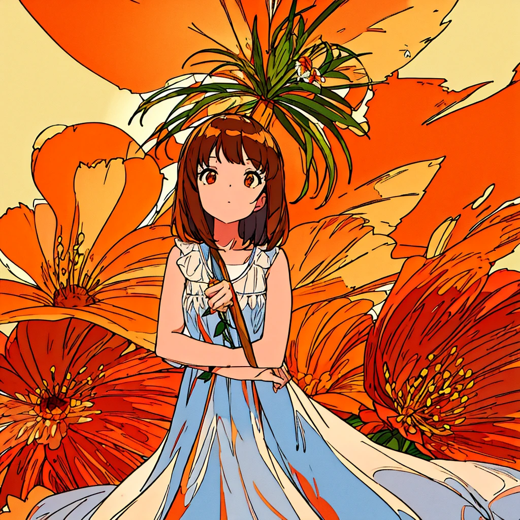 Orange plain background, lily flower, girl in white dress, brown hair, summer, nostalgic, simple