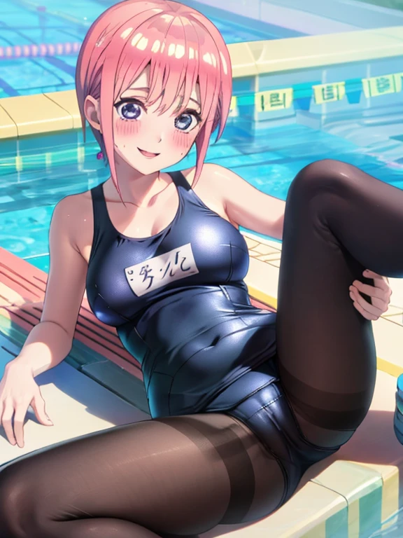 best quality, insanely detailed, ichika nakano, one-piece swimsuit, breasts, blush, swimming pool background, smile, pantyhose, open legs, pussy