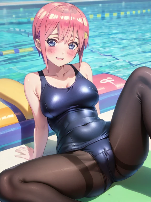 best quality, insanely detailed, ichika nakano, one-piece swimsuit, breasts, blush, swimming pool background, smile, pantyhose, open legs, pussy