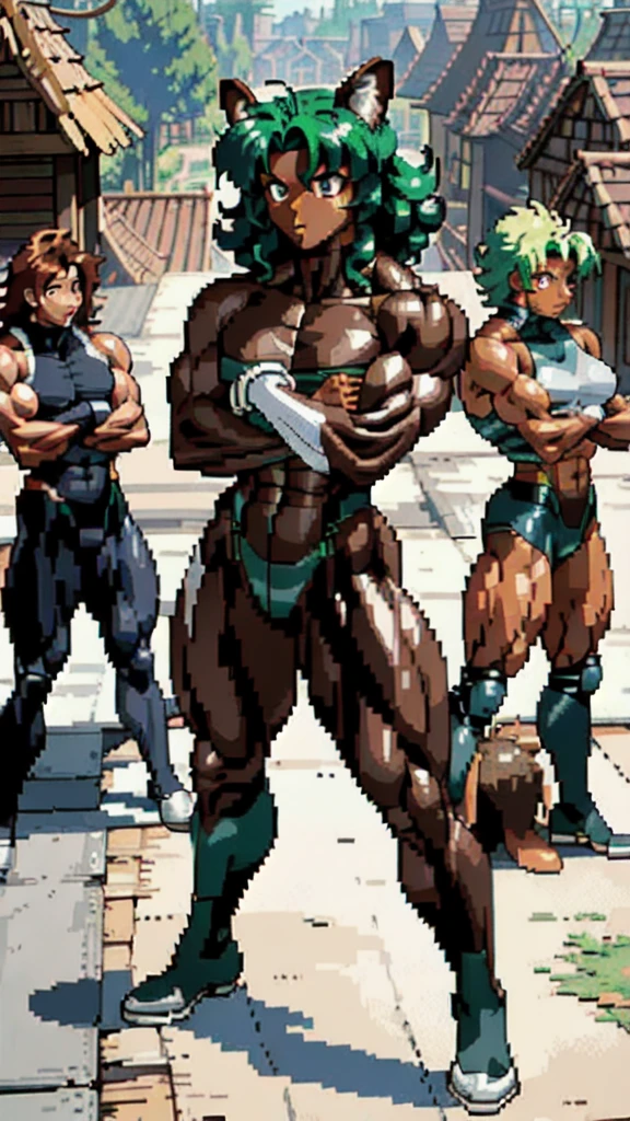 (athletic muscular body), {{{(((african american)))}}}, {{{((( (glossy) (smooth) ((dark brown skin)) )))}}}, (((pro wrestler))), (((kunoichi))), {{{(((24-year-old)))}}}, {{{(((young woman)))}}}, (((tomboy))), (((stoic))), (((bored))), (((emotionless))), (((wolflike))), ( (messy) (curly) (((long))) (dark mint green hair) ), (big intense (silver eyes) ), (small breasts), toned abs, {{{(((strong leg muscles)))}}}, toned biceps, toned forearms, toned deltoids, toned triceps, toned erector spinae, toned rhomboids, toned hamstring muscles, firm muscular glutes ,{{{(((strong back muscles)))}}}, (((thick muscular trapezius))), (((big muscular latissimus))), toned quadriceps, toned gastrocnemius, toned soleus, amazing ass, (((character wearing a (skintight long sleeve (brown with some gray) ( fur pelt bodysuit) ) ))), (((knee pads))), (((fingerless gloves))), (((combat boots))), {{{(((lush fantasy ancient forest (village) )))}}}, {{{(((standing on the roof of a house )))}}}, {{{(((great anatomy)))}}}, {{{(((high muscle mass)))}}}, {{{(((well-trained muscles)))}}}, {{{(((well-toned muscles)))}}}, {{{(((best quality)))}}}, {{{(((masterpiece)))}}}, {{{(((wide shot)))}}}, {{{(((90s anime)))}}}, {{{(((pixel art)))}}}