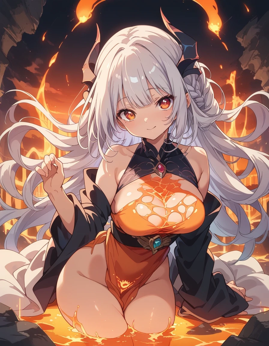 BREAK Perfect Anatomy、(High resolution:1.2)、Incredible illustrations、(Cute illustrations:1.2)、(nsfw) (Beautiful background(erupting volcano, flowing lava)) creature and personification(dragon girl)