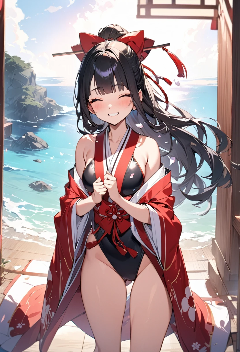 (pov kimono style swimsuit) (beautiful body), (solo:2, 15 yo, blunt bangs:1.3 black hair long hair sexy shrine girl, sexy closed eyes, happy smile), (in a japanese modern:1.3 shrine:1.2 beautiful one piece swimsuit, wabisabi:1.3, white and red), break, in the Swimsuit contest venue, background Double Exposure beautiful ocean, BREAK, perfect anatomy, masterpiece, best quality, 16k, beautiful detailed love, sexy, daydreaming expression.