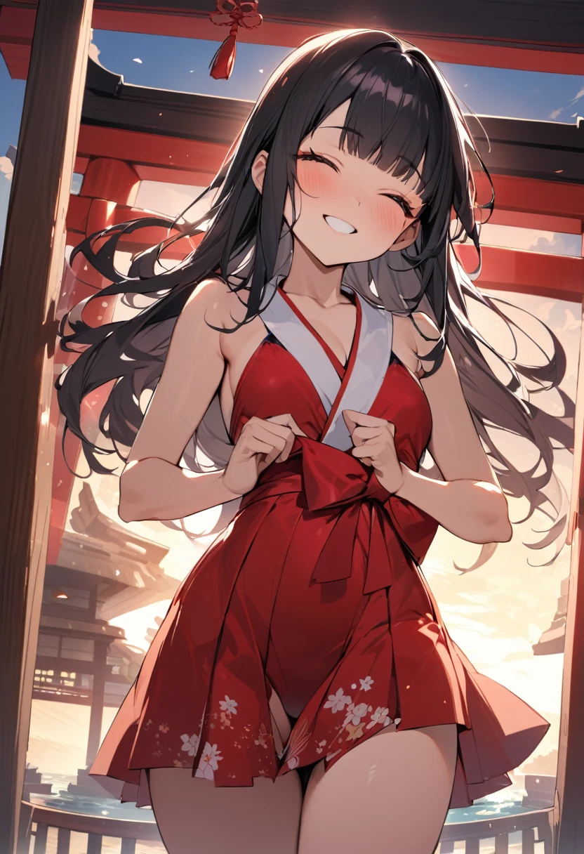 (pov kimono style swimsuit) (beautiful body), (solo:2, 15 yo, blunt bangs:1.3 black hair long hair sexy shrine girl, sexy closed eyes, happy smile), (in a japanese modern:1.3 shrine:1.2 beautiful one piece swimsuit, wabisabi:1.3, white and red), break, in the Swimsuit contest venue, background Double Exposure beautiful ocean, BREAK, perfect anatomy, masterpiece, best quality, 16k, beautiful detailed love, sexy, daydreaming expression.