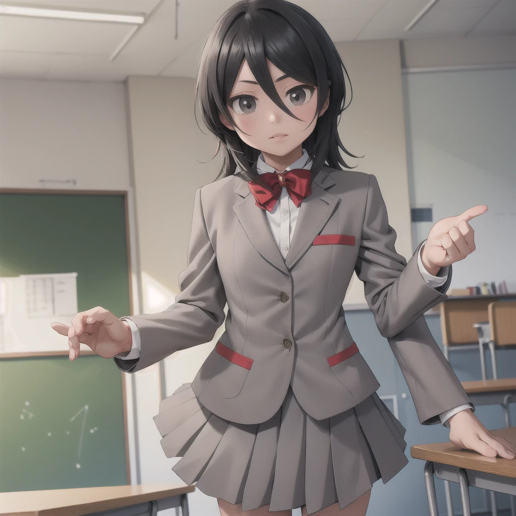 masterpiece, Highest quality, Cutchikirkia, bow tie, Grey blazer, Grey Skirt, School, classroom, Cowboy Shot, View your viewers,