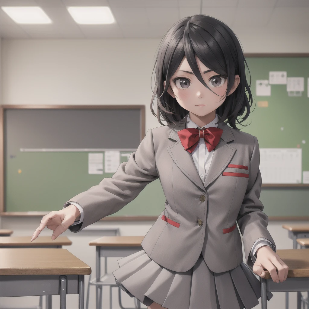 masterpiece, Highest quality, Cutchikirkia, bow tie, Grey blazer, Grey Skirt, School, classroom, Cowboy Shot, View your viewers, 