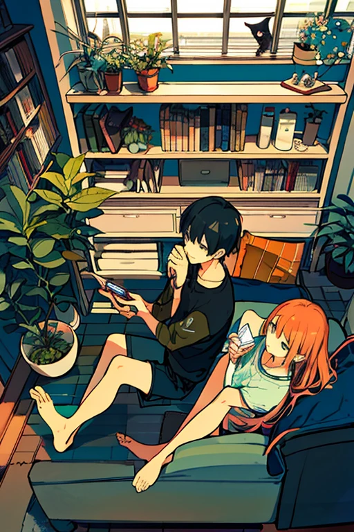 Man and woman couple, Listen to music together, From above, plant, Black Hair, Cat, Lying down, indoor, Holding, Long sleeve, Long Hair, 動物のstuffed toy, Potted plants, Book, food, window, Telephone, Fully equipped interior, tv set, short hair, behind, stuffed toy, bangs, slipper, barefoot, Sitting, Bookcase, shelf, cable, computer