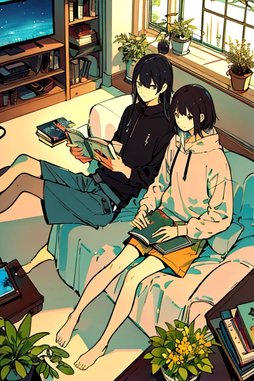 Man and woman couple, Listen to music together, From above, plant, Black Hair, Cat, Lying down, indoor, Holding, Long sleeve, Long Hair, 動物のstuffed toy, Potted plants, Book, food, window, Telephone, Fully equipped interior, tv set, short hair, behind, stuffed toy, bangs, slipper, barefoot, Sitting, Bookcase, shelf, cable, computer