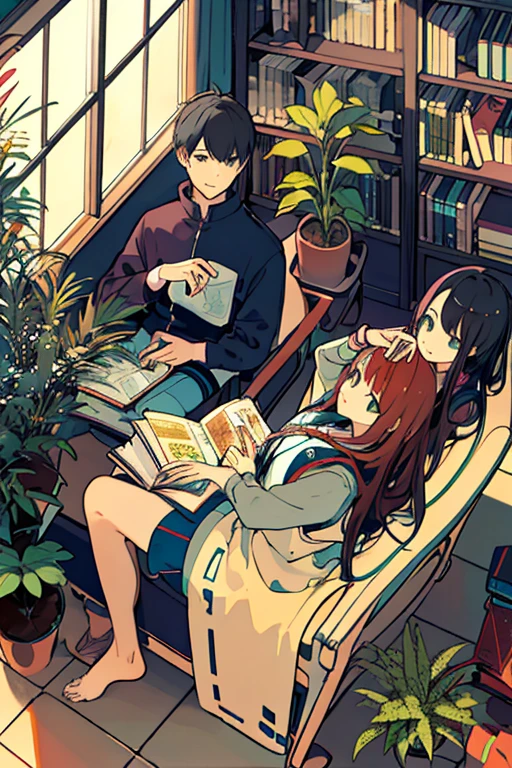 Man and woman couple, Listen to music together, From above, plant, Black Hair, Cat, Lying down, indoor, Holding, Long sleeve, Long Hair, 動物のstuffed toy, Potted plants, Book, food, window, Telephone, Fully equipped interior, tv set, short hair, behind, stuffed toy, bangs, slipper, barefoot, Sitting, Bookcase, shelf, cable, computer