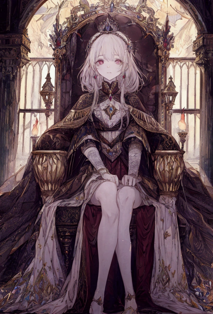 ((masterpiece)), (Highest quality), Official Art prince, Highly detailed CG, unity 8k wallpaper, Super detailed, View from below、
Highly detailed full body glamour photos by rpgroyalty, Sitting on the throne, Crown, jewelry, tiara, elegant, 
palace, Stained glass, Depth of written boundary, Blurred Background, light, 
 