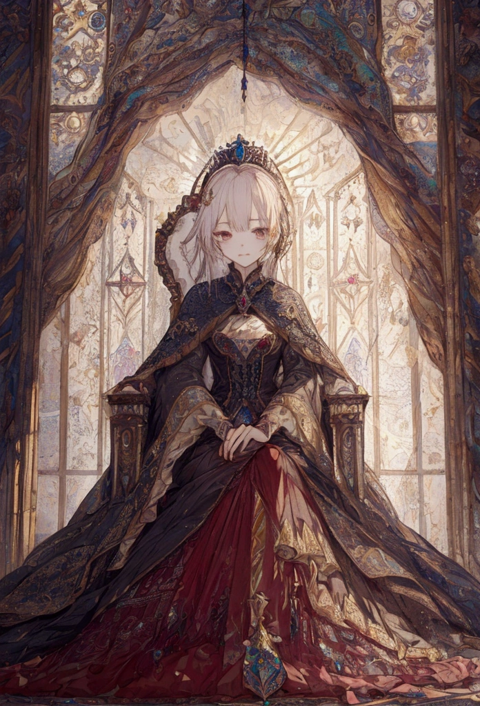 ((masterpiece)), (Highest quality), Official Art prince, Highly detailed CG, unity 8k wallpaper, Super detailed, View from below、
Highly detailed full body glamour photos by rpgroyalty, Sitting on the throne, Crown, jewelry, tiara, elegant, 
palace, Stained glass, Depth of written boundary, Blurred Background, light, 
 
