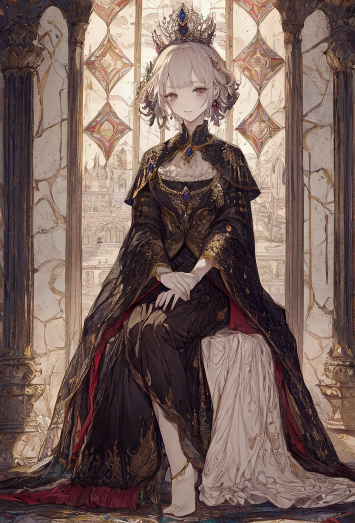 ((masterpiece)), (Highest quality), Official Art prince, Highly detailed CG, unity 8k wallpaper, Super detailed, View from below、
Highly detailed full body glamour photos by rpgroyalty, Sitting on the throne, Crown, jewelry, tiara, elegant,
palace, Stained glass, Depth of written boundary, Blurred Background, light,