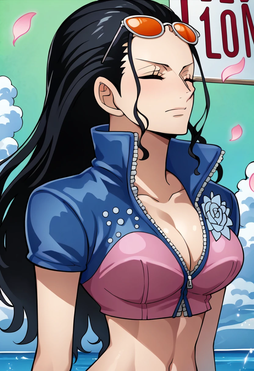 score_9, score_8_superior, score_7_superior, score_9, sauce_anime, Break Nico Robin SDXL, One girl, alone, Long Hair, chest, View your viewers,The body is bound with rope,Closed eyes, blue eyes, large chest, Black Hair, belly button, chestの谷間, Mouth closed, clavicle, Blue jacket, Short sleeve, abdomen, Shiny, sign, Stomach, Crop top, petal, Wear glasses on your head, zipper, Cropped jacket,  salon, zipper pull tab, Colored glasses, I slicked my hair back., Collared jacket, Partially defrosted, Nico Robin, superiorから,