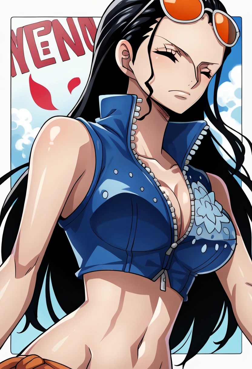 score_9, score_8_superior, score_7_superior, score_9, sauce_anime, Break Nico Robin SDXL, One girl, alone, Long Hair, chest, View your viewers,The body is bound with rope,Closed eyes, blue eyes, large chest, Black Hair, belly button, chestの谷間, Mouth closed, clavicle, Blue jacket, Short sleeve, abdomen, Shiny, sign, Stomach, Crop top, petal, Wear glasses on your head, zipper, Cropped jacket, salon, zipper pull tab, Colored glasses, I slicked my hair back., Collared jacket, Partially defrosted, Nico Robin, superiorから,