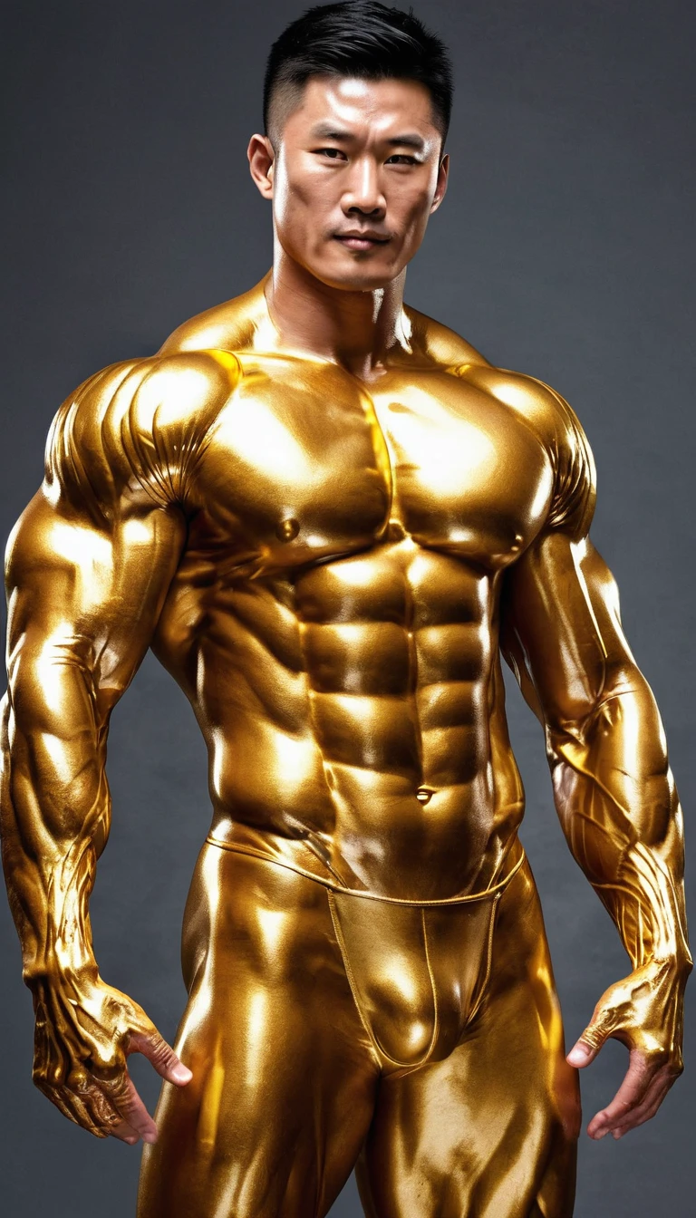 A living person,a big muscle,chinese man,It has been transformed into gold man,upper body,oil skin,shiny skin,