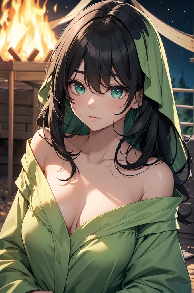 The sleeping robe is a soft green tone that highlights her deep, expressive eyes.. Your black hair, in gentle waves over your shoulders. Your carved face, with delicate features and a defined jawline, parece mais suave e sereno à luz da camp fire. Your green eyes, bright and expressive, reflect the heat of the flames and the depth of your emotions, night camp scene, camp fire, seminua