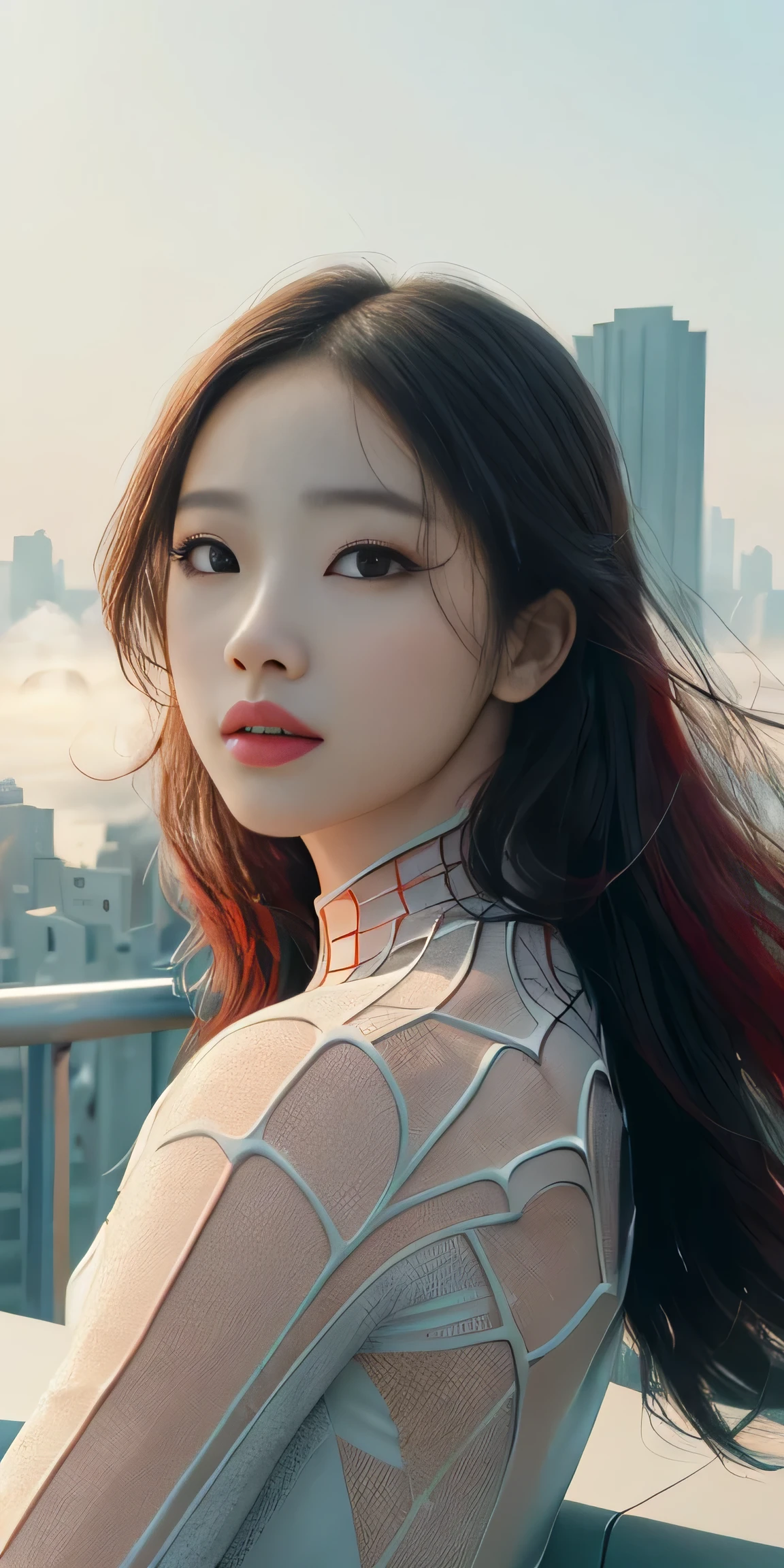 (1 woman:1.3), alone, (((Very detailed face)))), ((very detailed 눈과 얼굴)))), beautiful 디테일의 눈, body parts__, official art, Integrated 8K wallpaper, very detailed, beautiful and beautiful, beautiful, masterpiece, best quality, original, masterpiece, very nice photo, best quality, ultra high resolution, realistic realism, sunlight, full body portrait, amazing beauty, dynamic pose, delicate face, lively eyes, (from the front), she wears a spiderman suit, red and black color scheme, spider, very detailed 도시 지붕 배경, rooftop, city view, detailed face, Detailed complex busy background, crummy, very cool, milk white, very detailed 피부, realistic skin details, visible pores, clear focus, volumetric fog, 8k words, dslr, high quality, film grain, fair skin, photo realism, lomography, Futuristic dystopian megacity, transparent