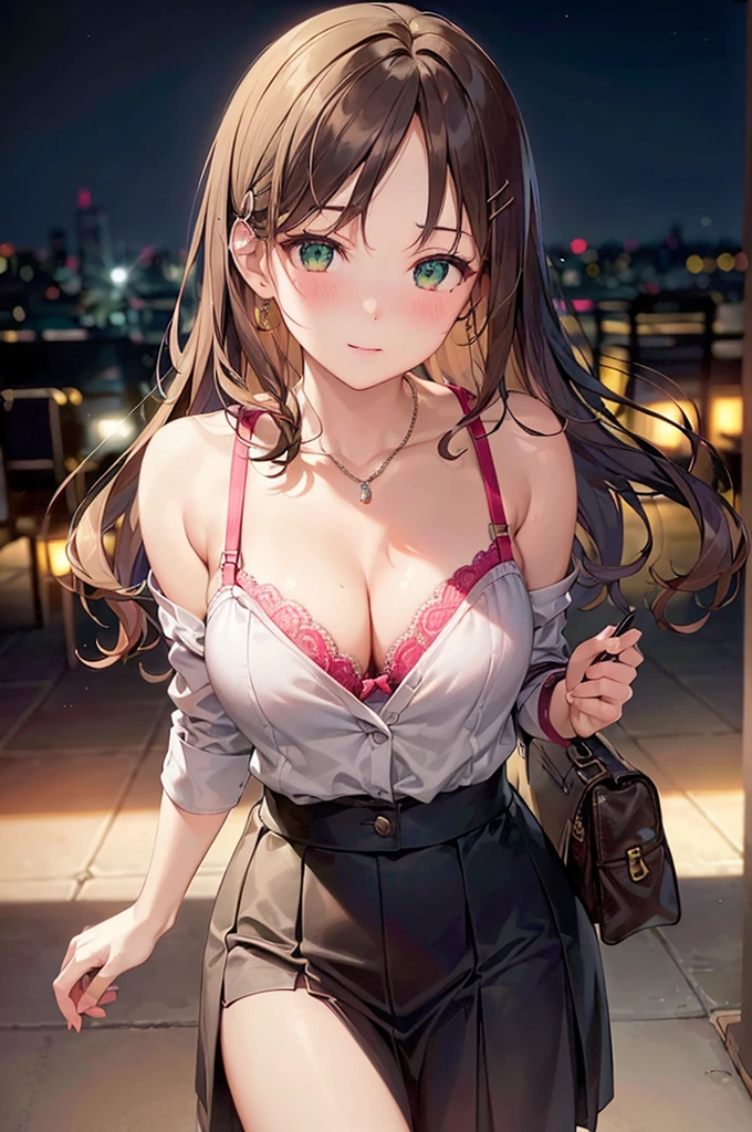 ((masterpiece, best quality, highres, UHD, perfect pixel, depth of field, 4k, RTX, HDR))), 1girl, single, solo, beautiful anime girl, beautiful artstyle, anime character, 24 years old, ((long hair, bangs, dark brown hair, curly hair:1.2, hair pin)), ((detailed face, blushing:1.2)), ((green eyes:1.8, sparkling effect, detailed eyelashes)), ((smooth texture:0.75, realistic texture:0.5, anime CG style)), ((medium breasts, cleavage:0.95)), dynamic angle, busty, perfect body, ((close up, POV, portrait, holding face)), ((white sweater, skirt:1.5, skirt folds, pleated skirt style, sliver necklace)), (visible bra straps, bra straps), night, night lamp, bokeh:1.4, (outdoor, city buildings, crowd), (fashionable, handbag)