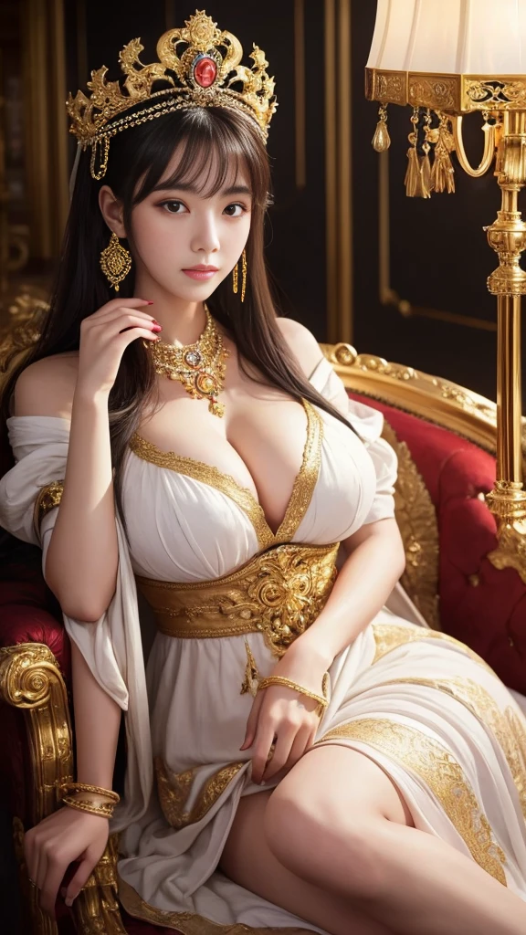 1 elegant japanese woman, beautiful detailed eyes, beautiful detailed lips, extremely detailed eyes and face, long eyelashes, intricate crown, luxurious White dress, large ornate throne, holding a fan, long black hair, voluptuous figure, photorealistic, 8K, detailed painting, dramatic lighting, cinematic composition, vibrant colors, oil painting、She is sitting on a large throne with her legs crossed，She has such big breasts that they seem to rip her clothes off、Her room is made of gold、Behind her are many soldiers who are protecting her.、She looks down on me with eyes、The throne she sits on is bigger than her and very luxurious. She has the biggest breasts in the world.、There is a lion near her、There&#39;s a knight beside her，The throne she sits on is so big、Beside the throne where she sits is a knight guarding her.