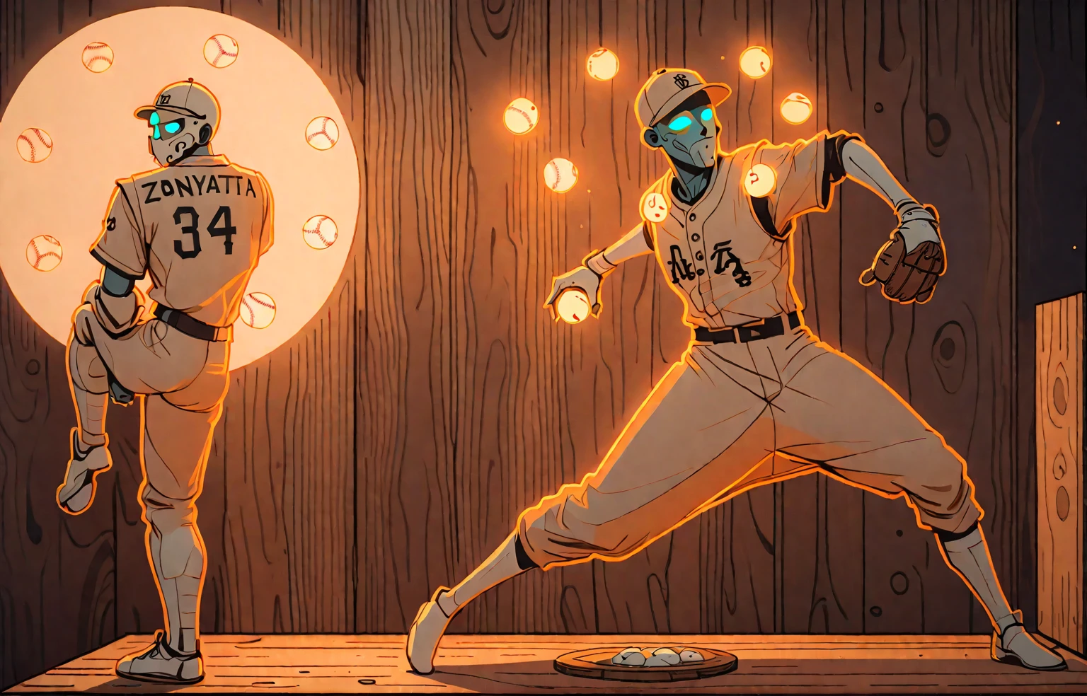 horizontal baseball card, cinematic, retro, zenyatta, omnic monk, baseball pitcher, line drawing, minimal, sketch, wood palette color tones, warm wooden coloring, rich wooden color grading, natural sunlight, dim candlelight, low level neon glow hum, 