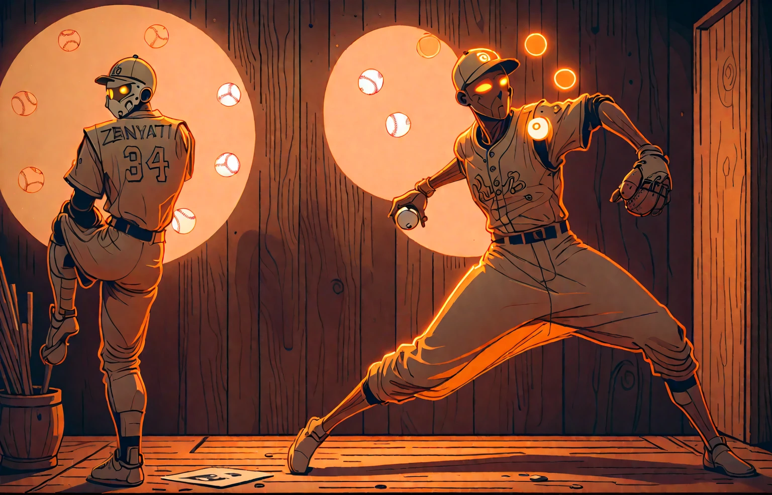 horizontal baseball card, cinematic, retro, zenyatta, omnic monk, baseball pitcher, line drawing, minimal, sketch, wood palette color tones, warm wooden coloring, rich wooden color grading, natural sunlight, dim candlelight, low level neon glow hum,