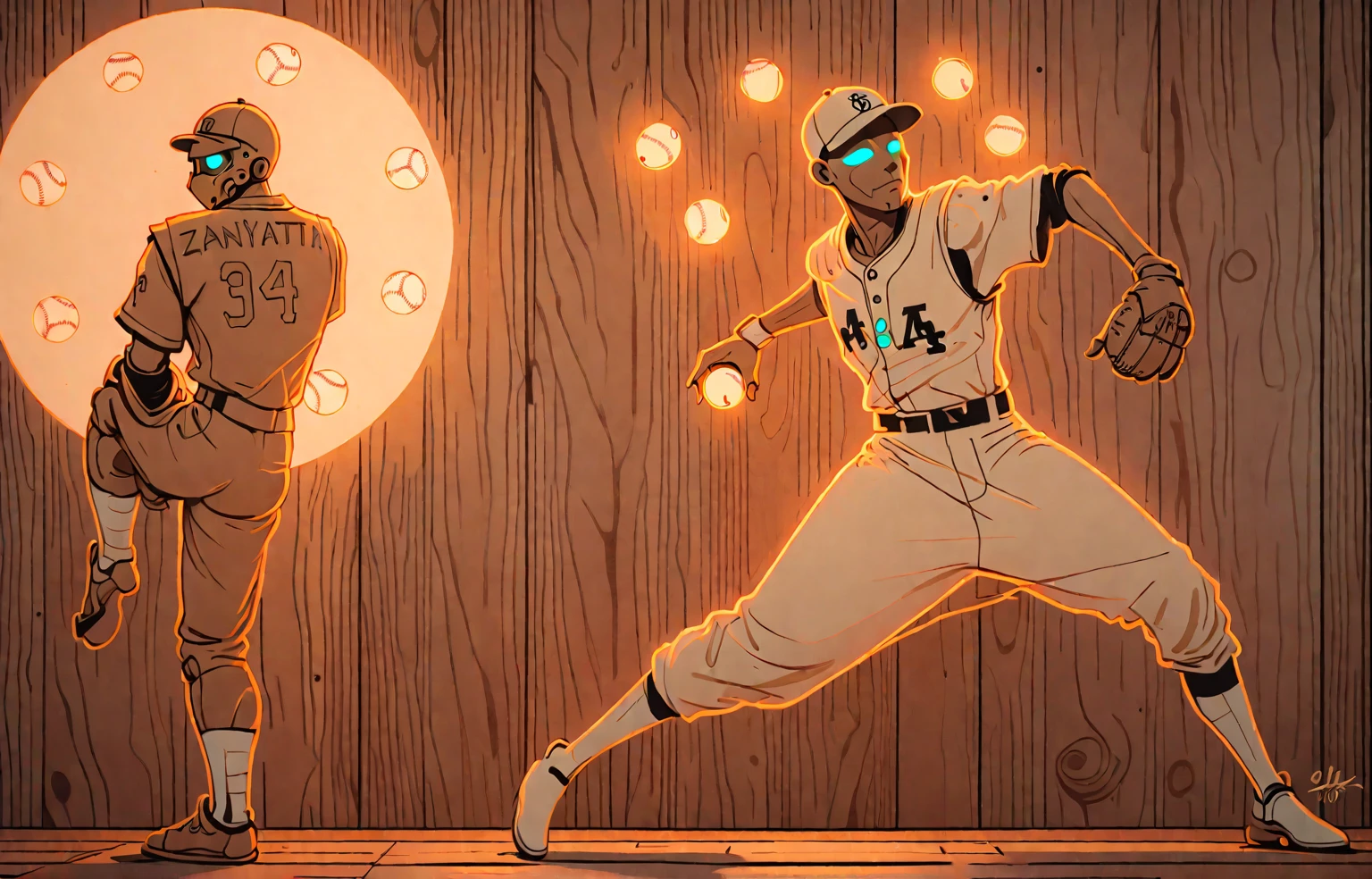 horizontal baseball card, cinematic, retro, zenyatta, omnic monk, baseball pitcher, line drawing, minimal, sketch, wood palette color tones, warm wooden coloring, rich wooden color grading, natural sunlight, dim candlelight, low level neon glow hum,