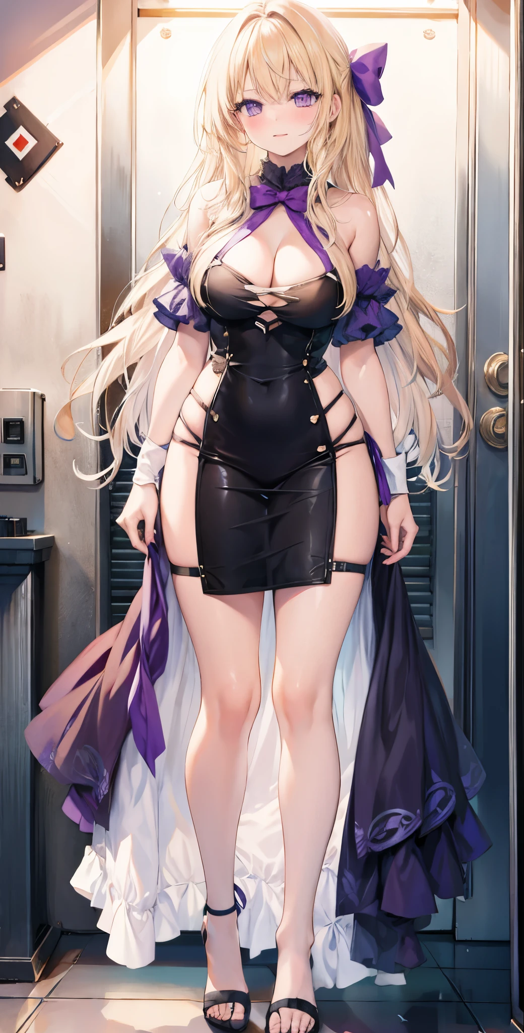 girl,Large ,long hair,Topless,Bow,Blonde hair, Purple Eyes, CleavagBreasts