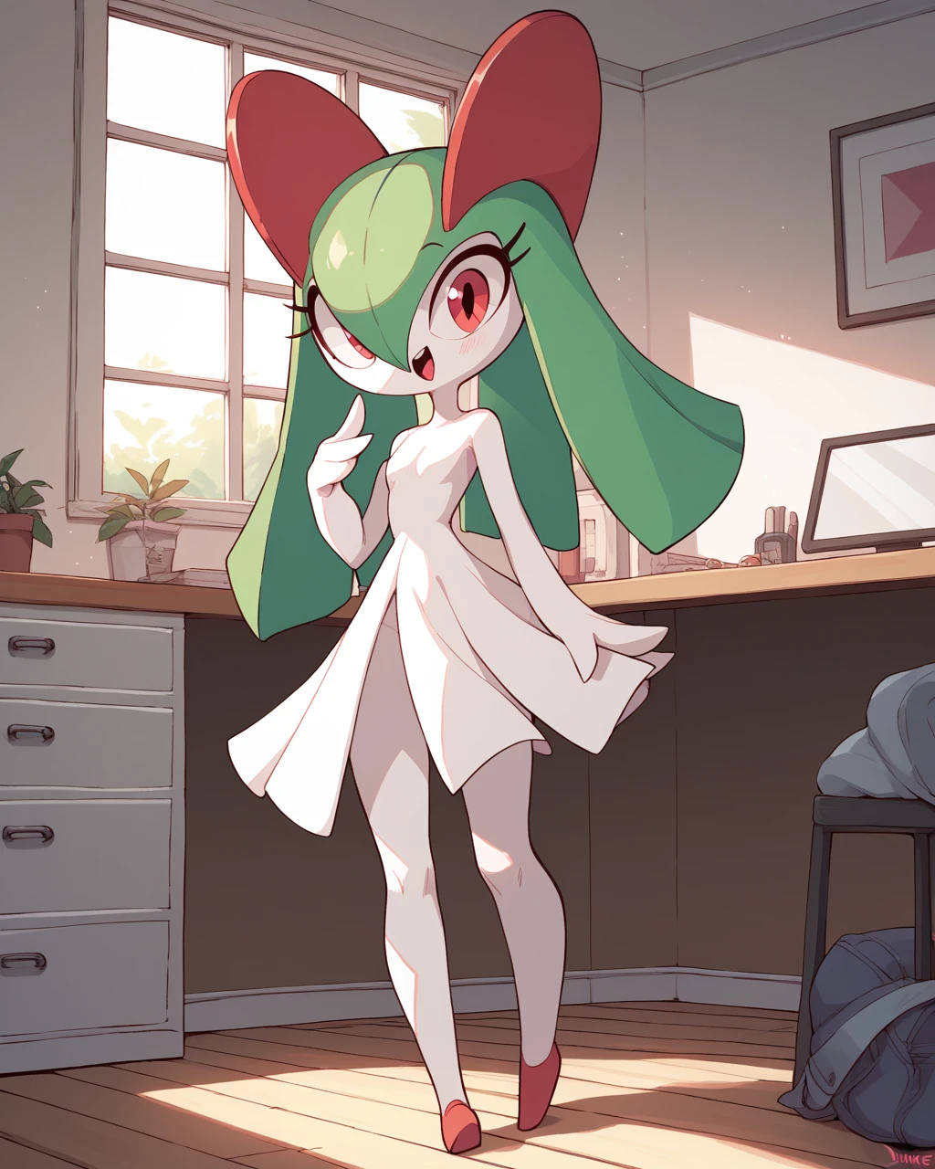 score_9, score_8_up, 1girl, kirlia, happy, full body, indoors, human proportions, looking at viewer, by diives, 